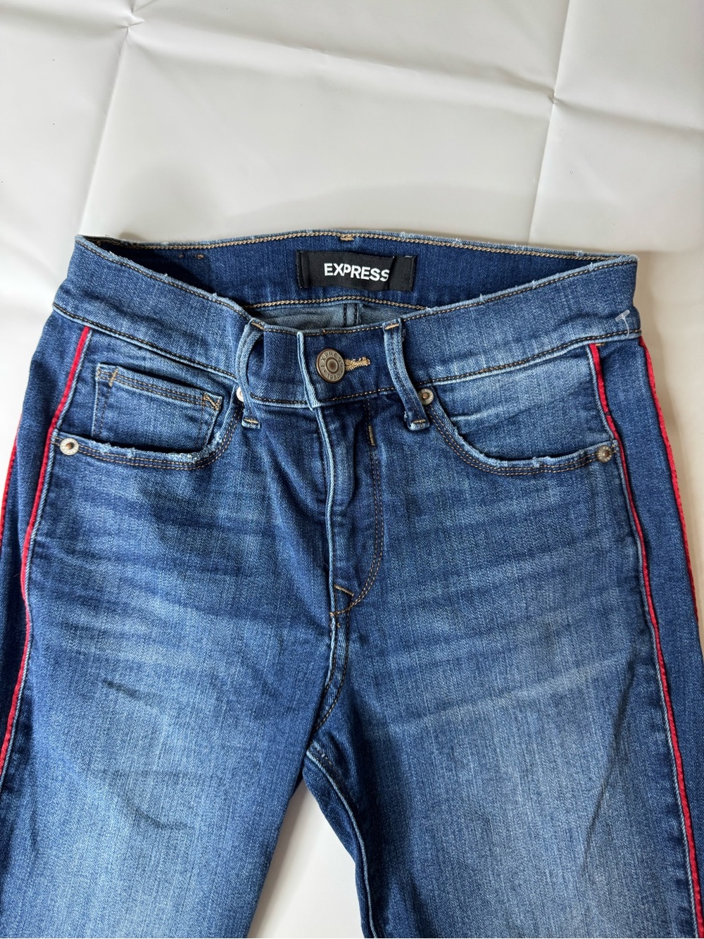 Vintage Express Women's Mid-Rise Blue Jeans with Red Side Stripe